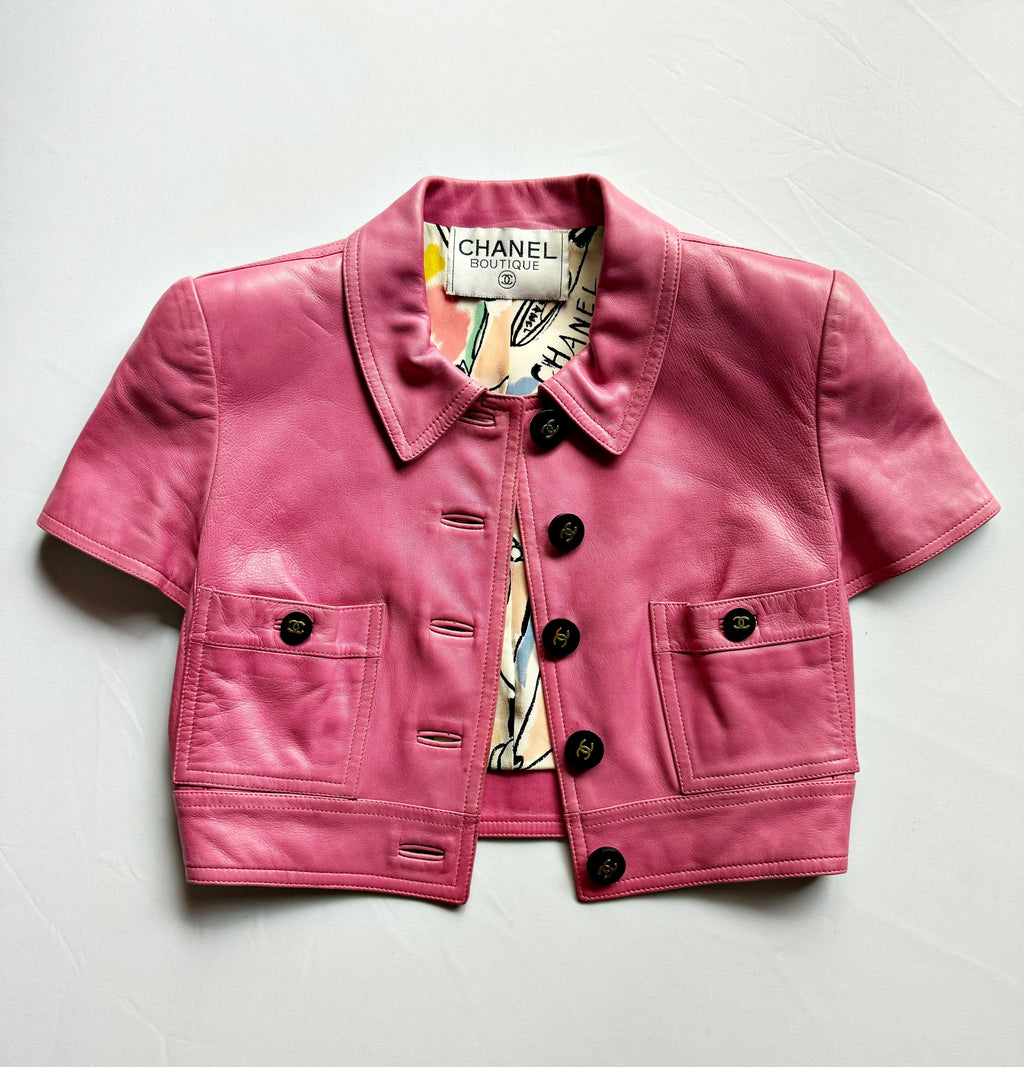 Chanel Vintage 1995 Barbie Pink Leather Cropped Jacket