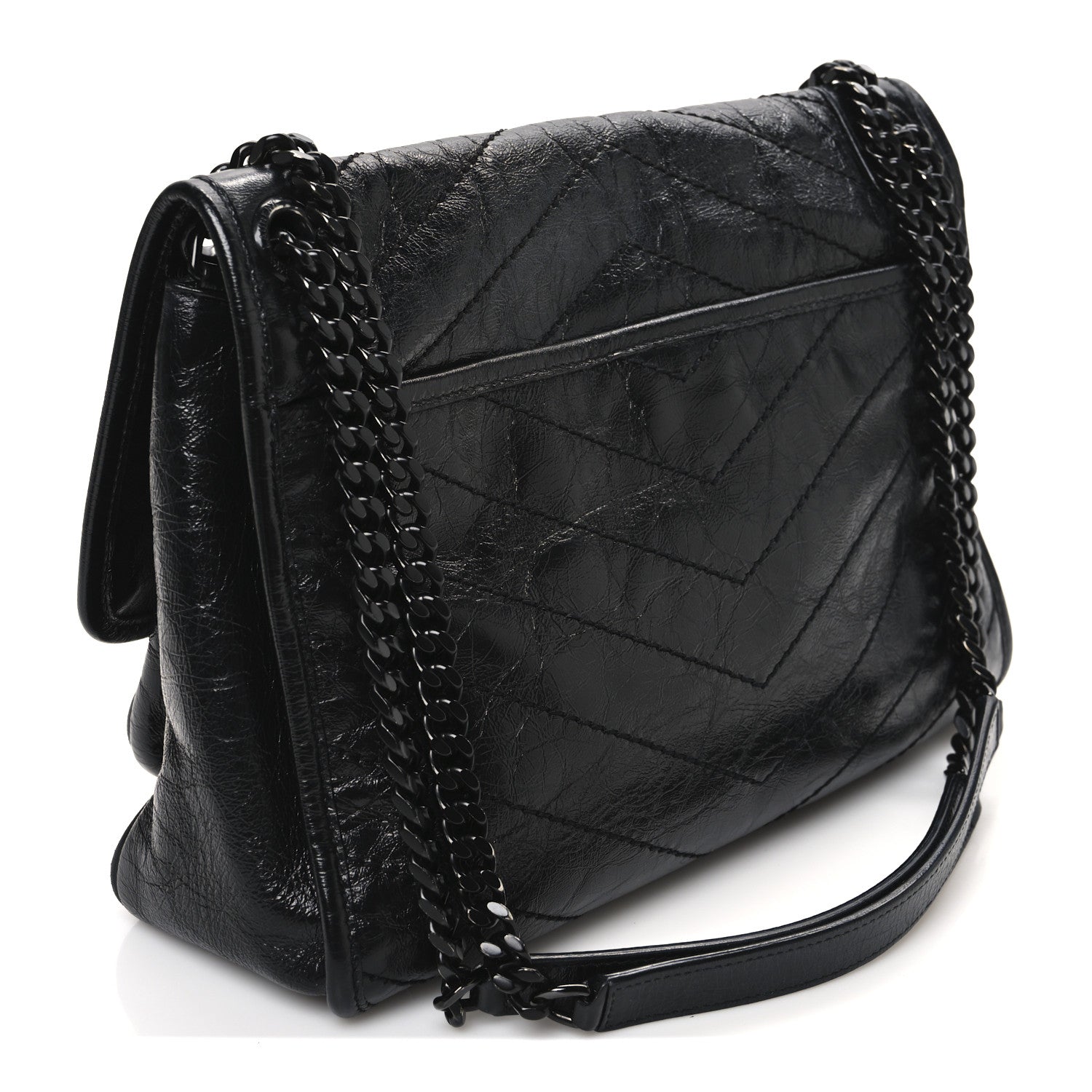 Crinkled Calfskin Matelasse Monogram Medium Niki Chain Satchel Black