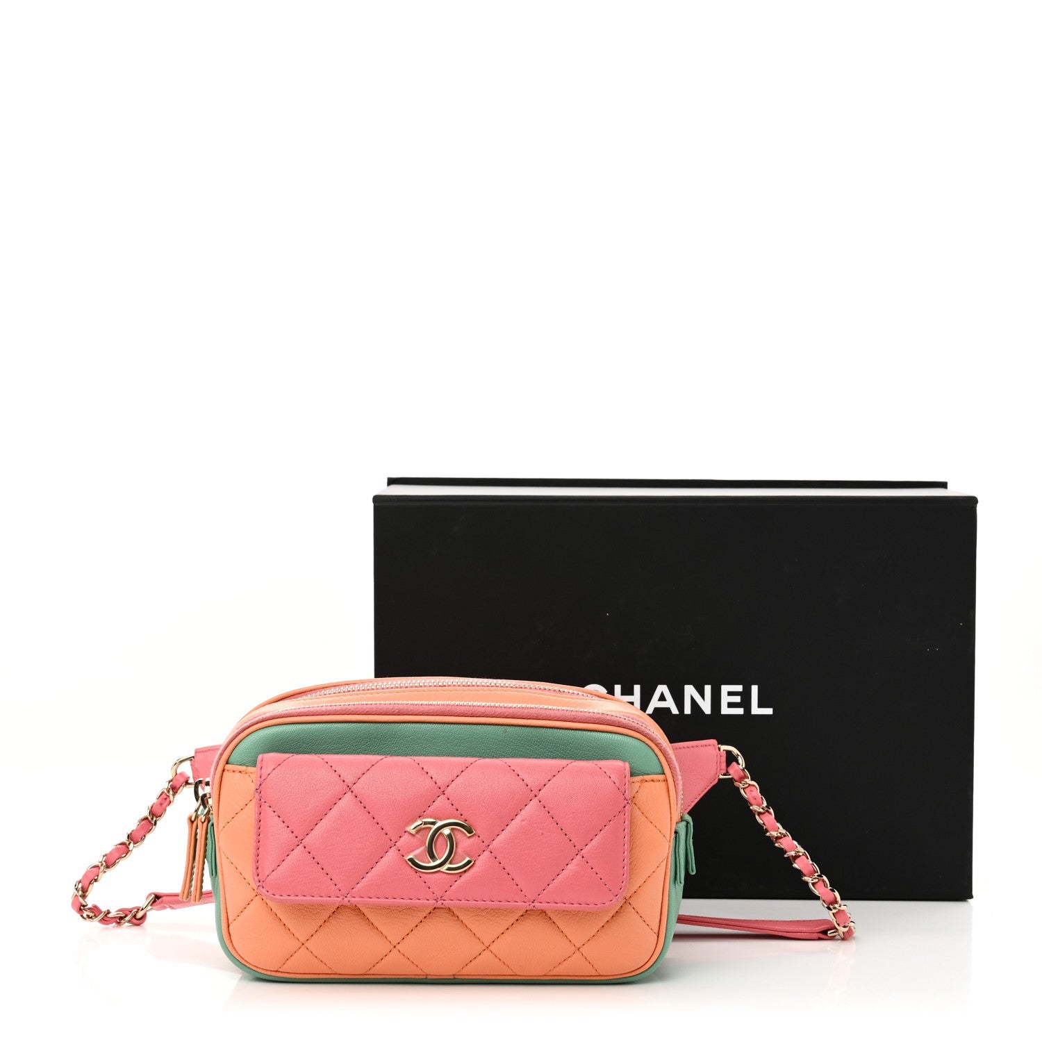 Goatskin Quilted Tri-Color In & Out Waist Bag Orange Green Pink