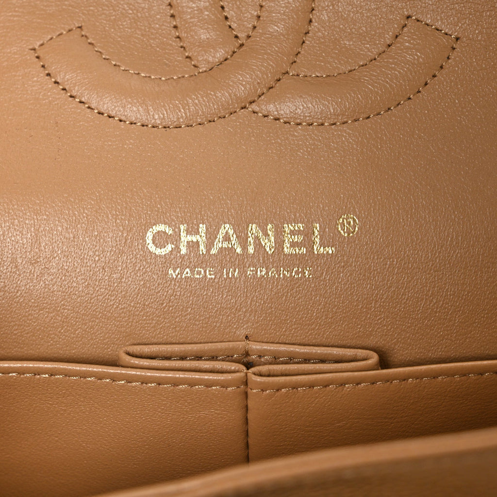 Caviar Quilted Medium Double Flap Beige