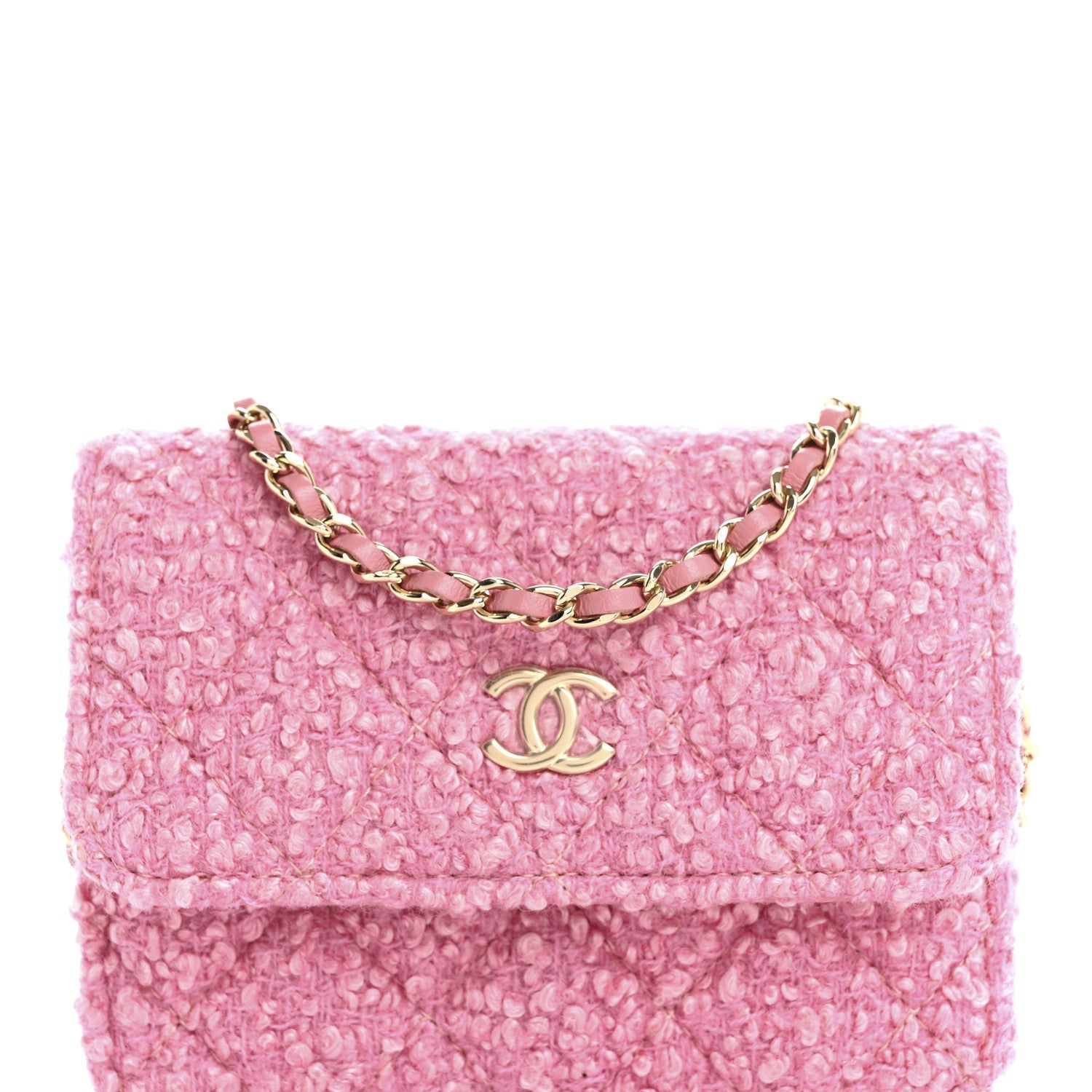 Tweed Quilted Flap Chain Waist Bag Pink