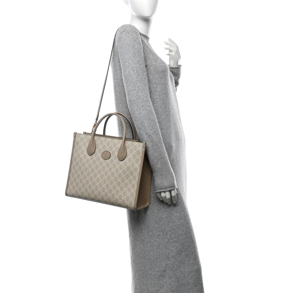 GG Supreme Monogram Textured Dollar Calfskin Small Retro Interlocking G Tote Bag Beige Mystic White Oatmeal