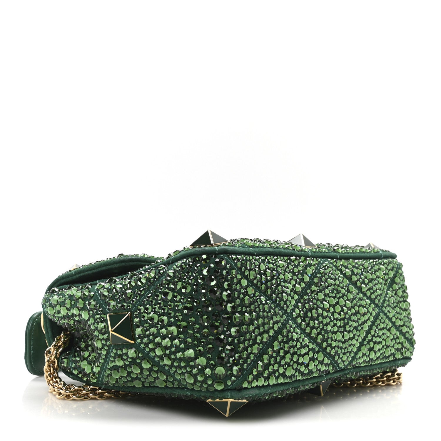 Crystal Suede Enamel Medium Roman Stud Shoulder Bag Green