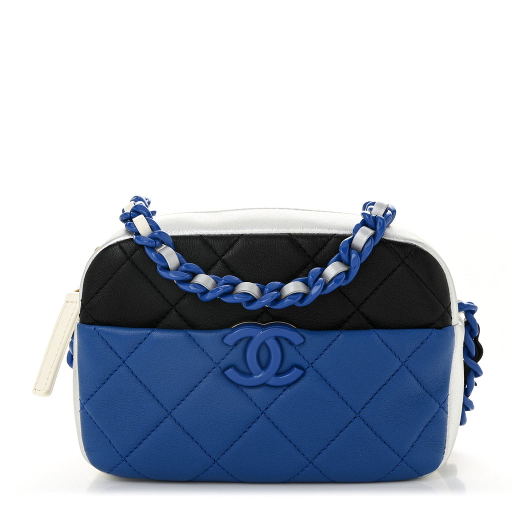 Shiny Lambskin Monochrome Chain Mini Camera Case Bag Blue Black Silver