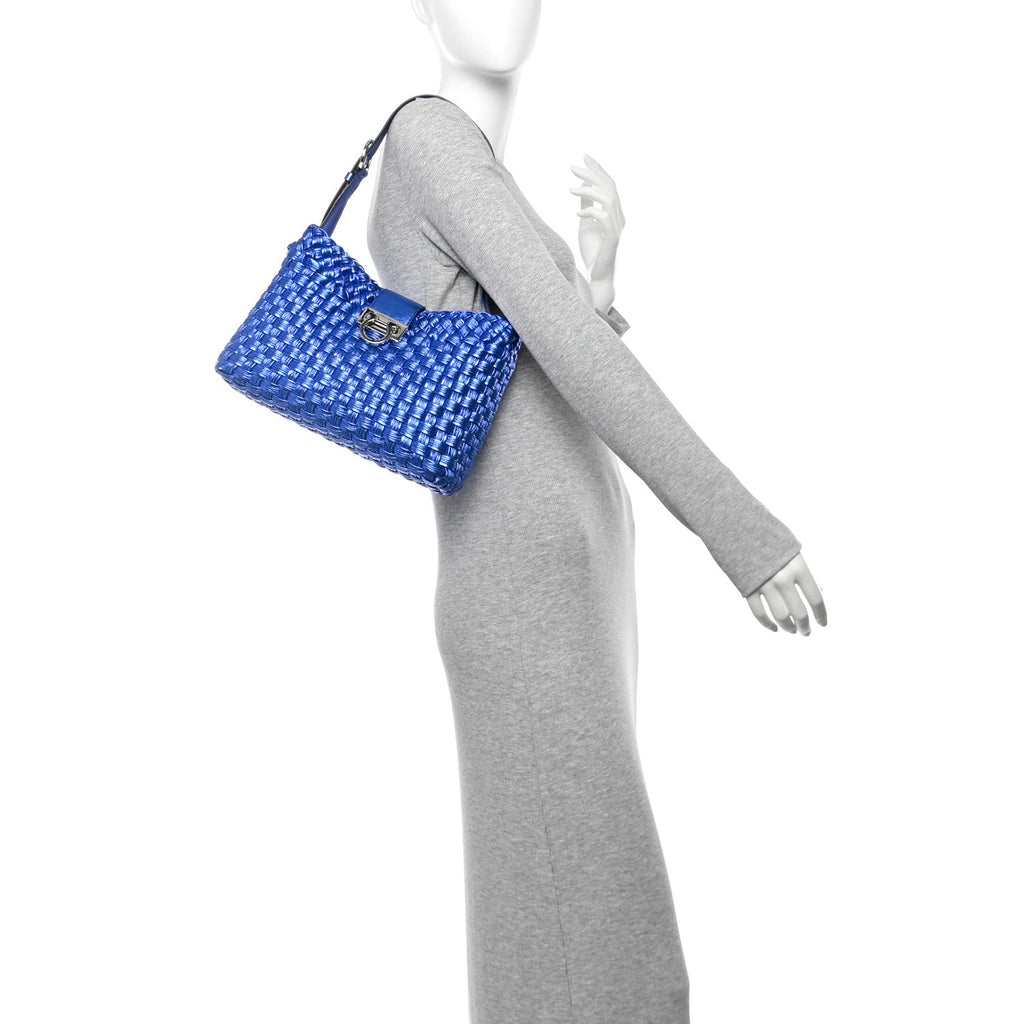 Metallic Woven Calfskin Trifolio Shoulder Bag Bluette