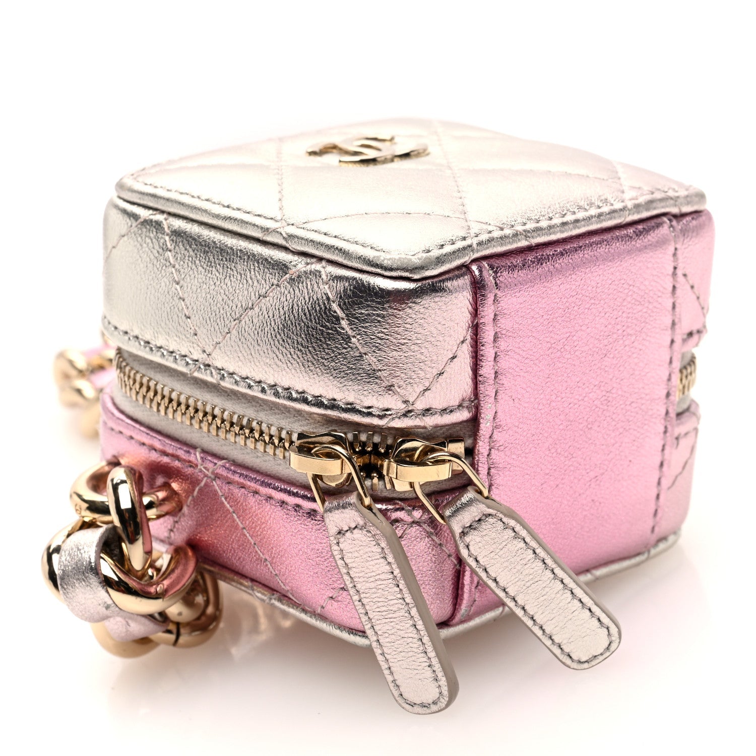 Gradient Metallic Lambskin Quilted Like A Wallet Clutch With Chain Gold Pink