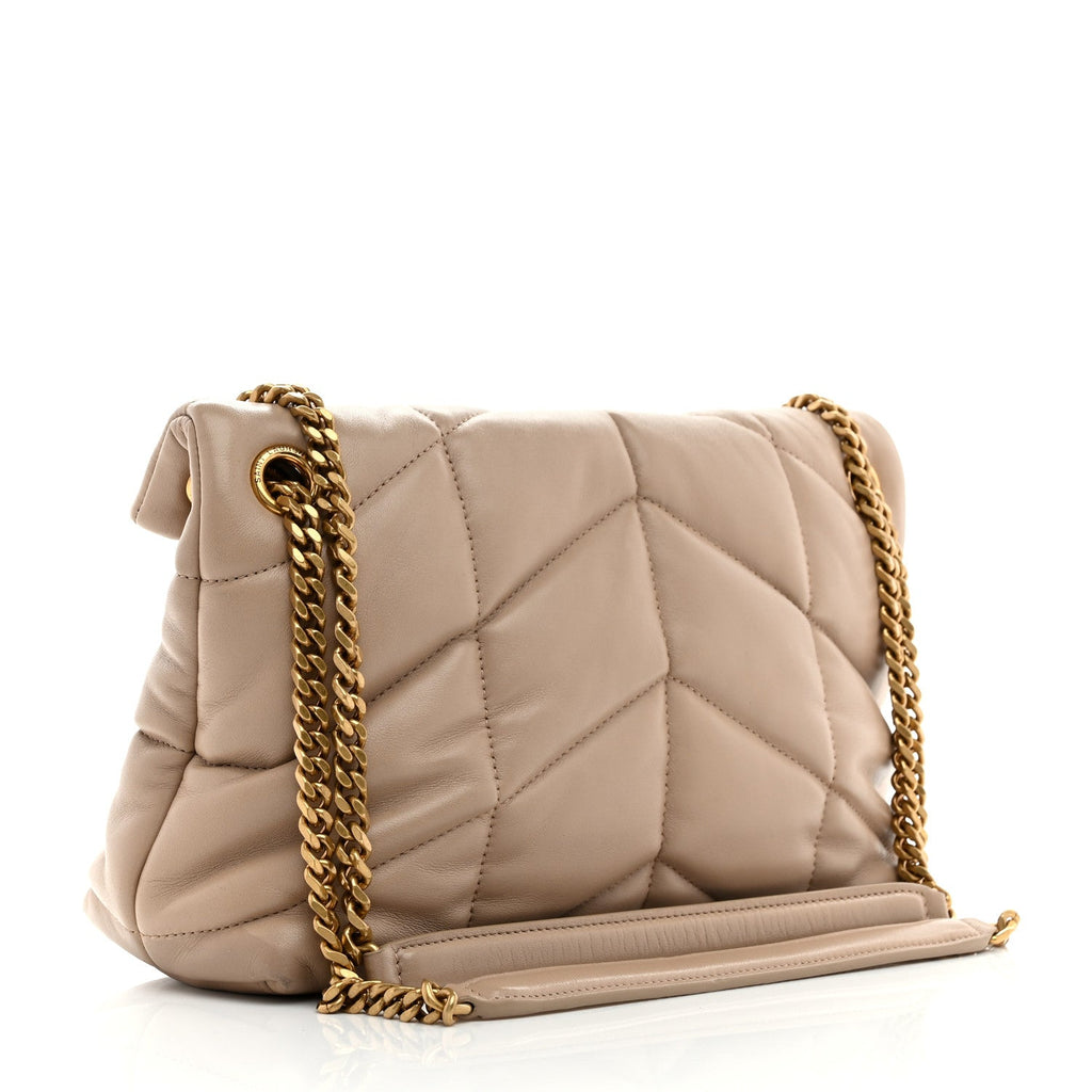 Lambskin Quilted Small Loulou Puffer Monogram Chain Satchel Dark Beige