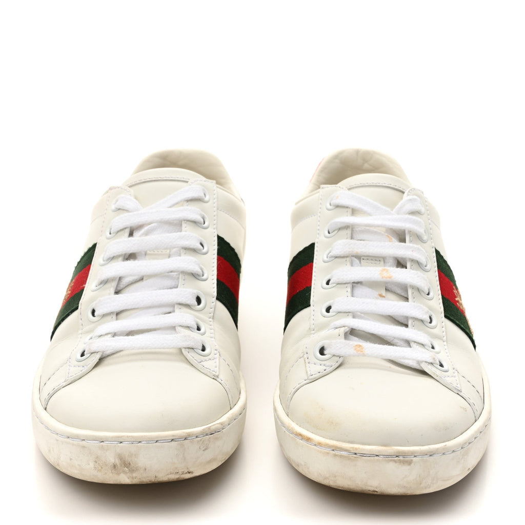 Calfskin Ayers Bee Embroidered Womens Ace Sneakers 36 White Green