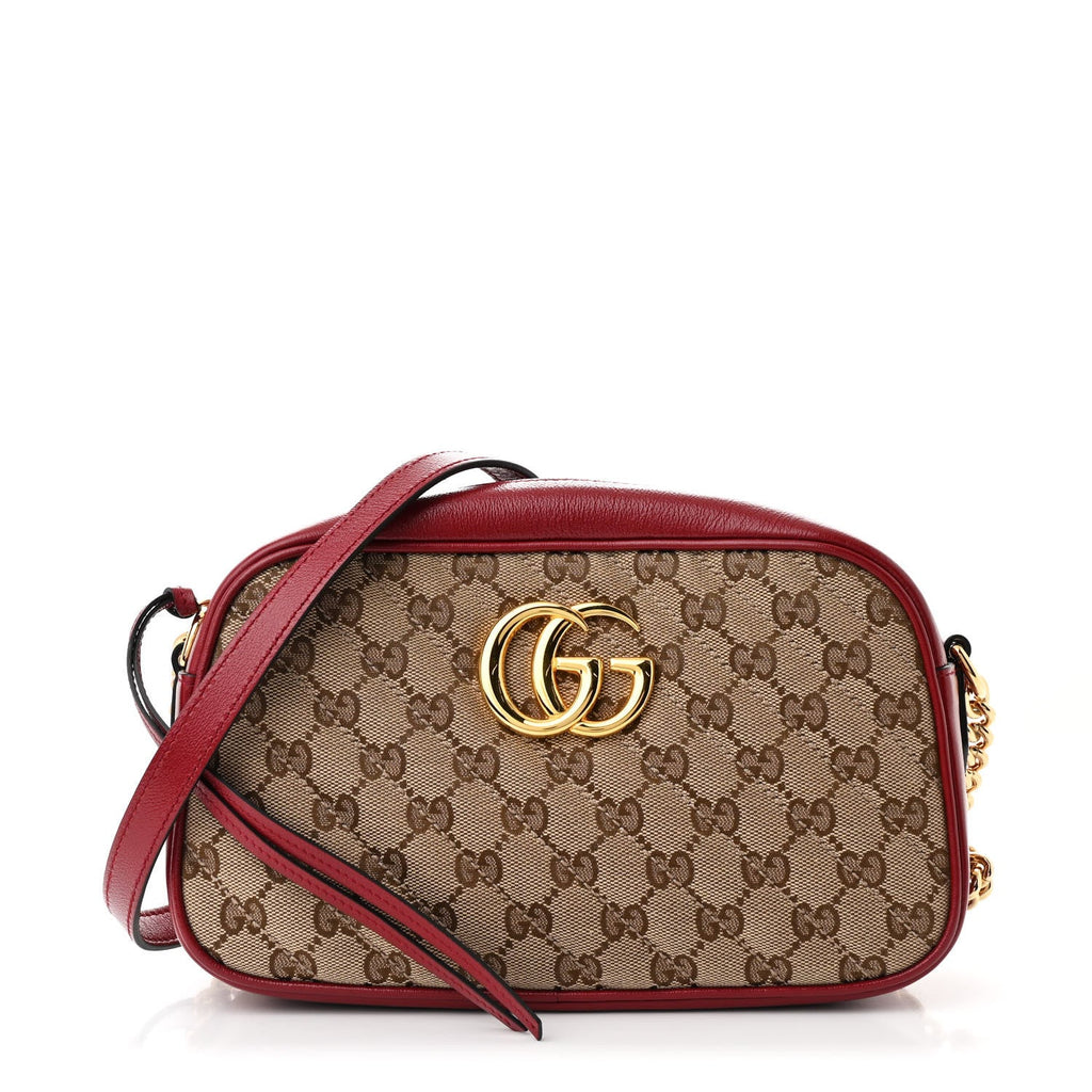 Monogram Azalea Calfskin Matelasse Diagonal Small GG Marmont Chain Shoulder Bag Beige Ebony New Cherry Red