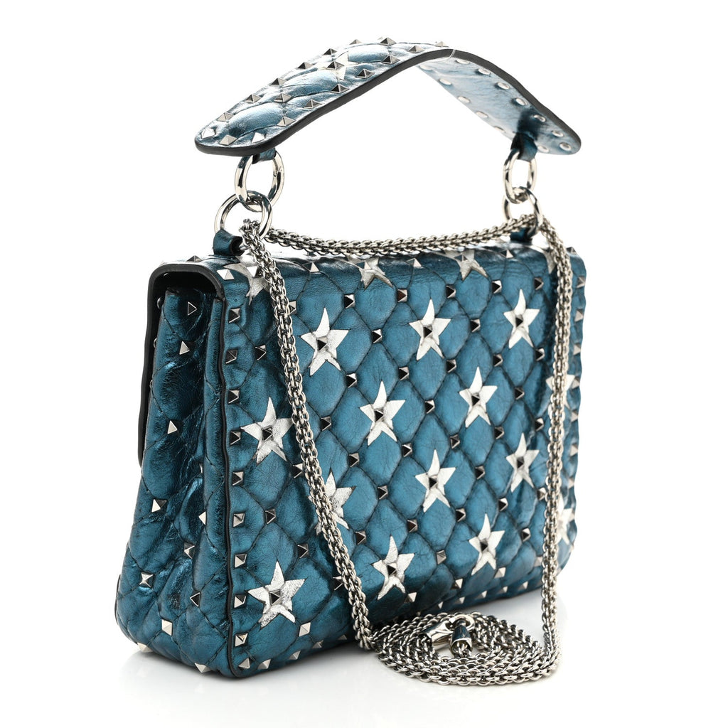 Metallic Wrinkled Lambskin Star Medium Rockstud Spike Shoulder Bag Peacock