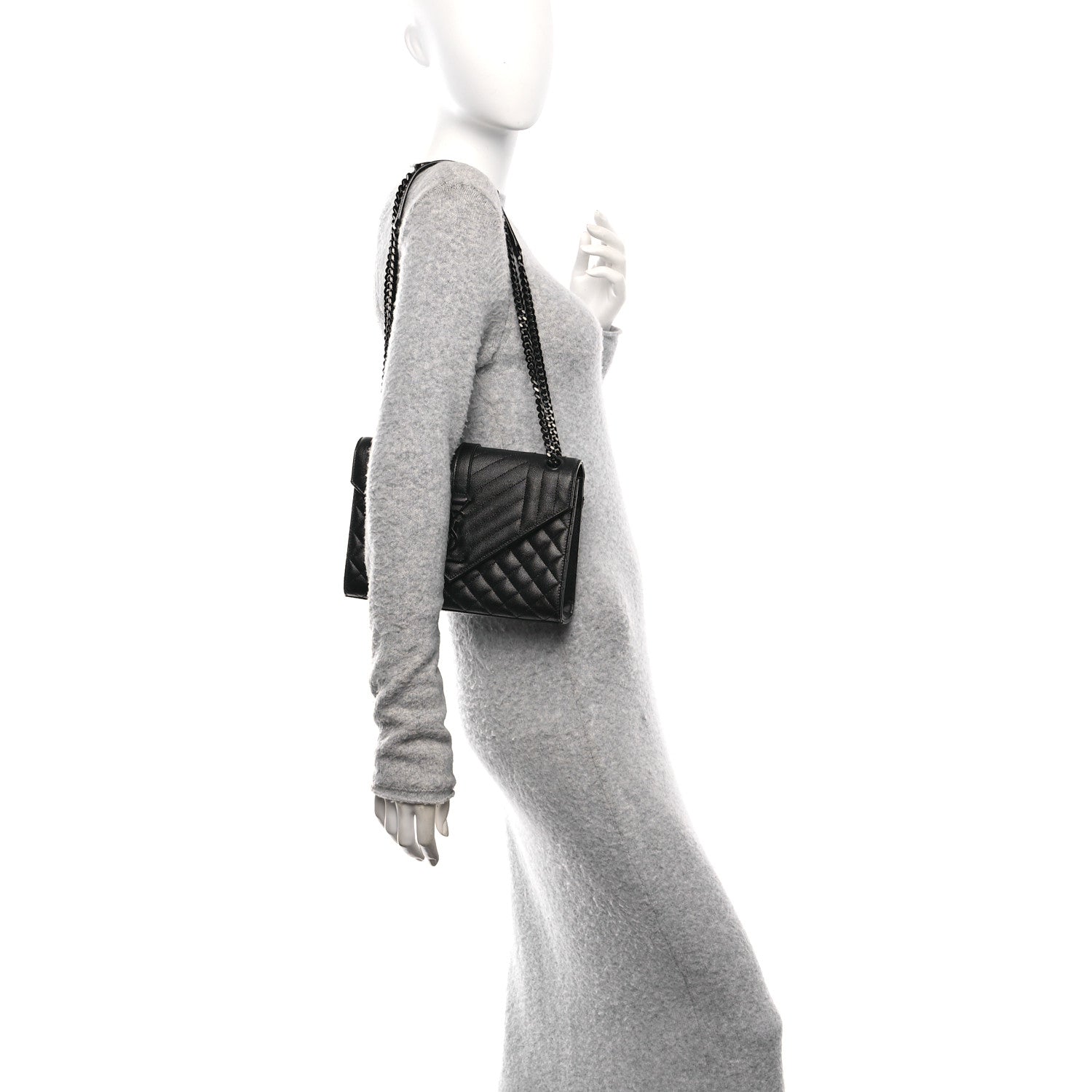 Grain De Poudre Textured Mixed Matelasse Triquilt Medium Monogram Monochrome Satchel Black