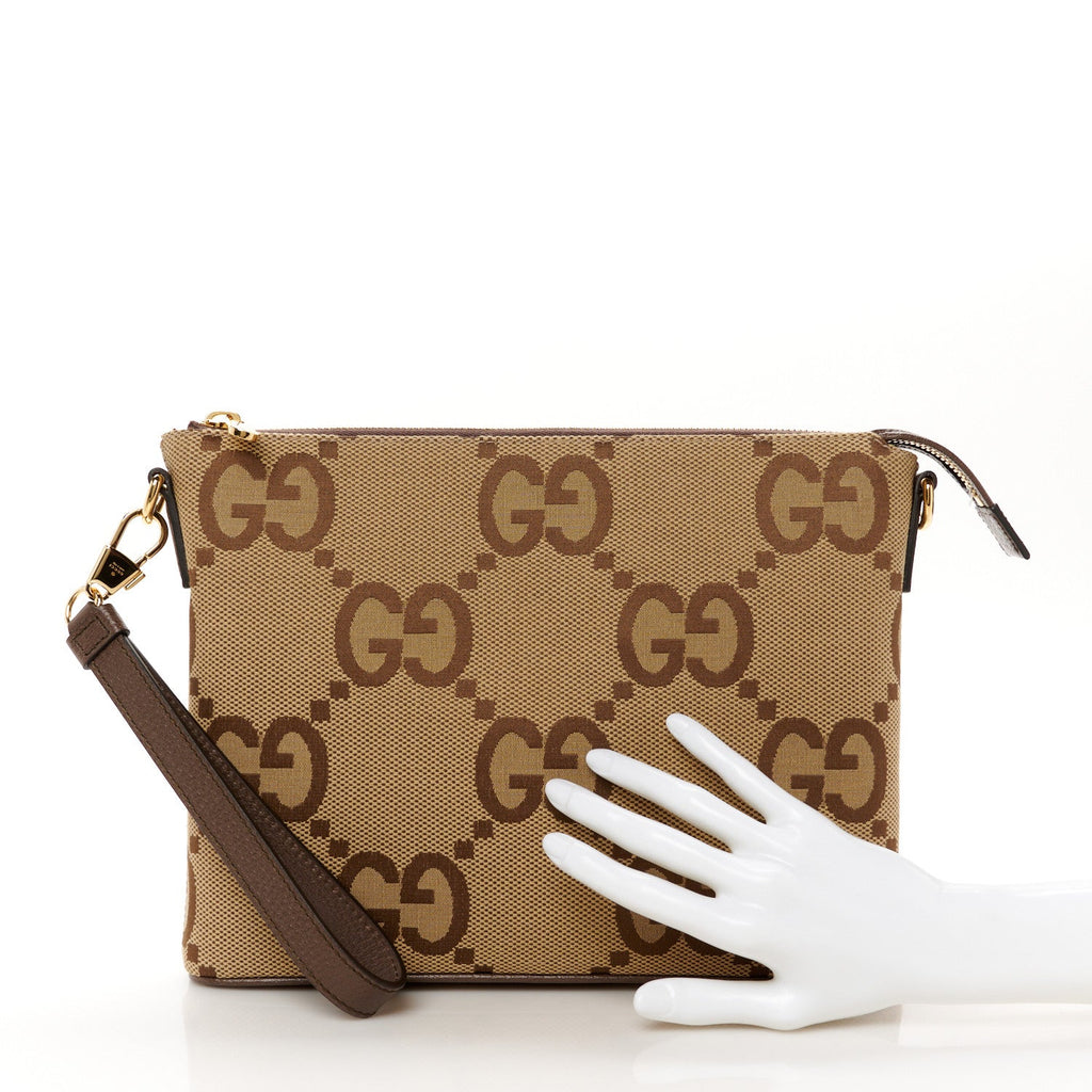 Monogram Jumbo GG Textured Dollar Calfskin Web Wristlet Messenger Bag Camel Ebony New Acero