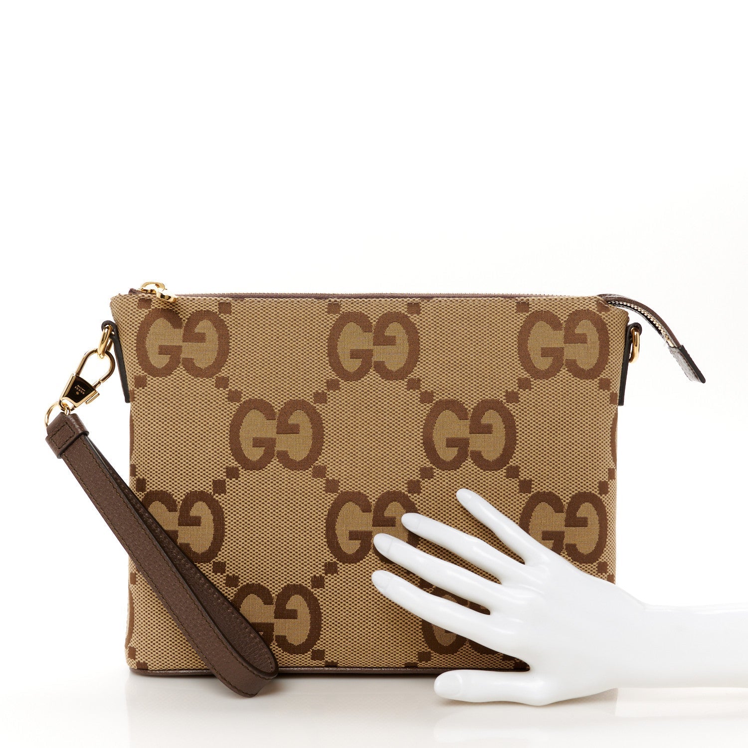 Monogram Jumbo GG Textured Dollar Calfskin Web Wristlet Messenger Bag Camel Ebony New Acero
