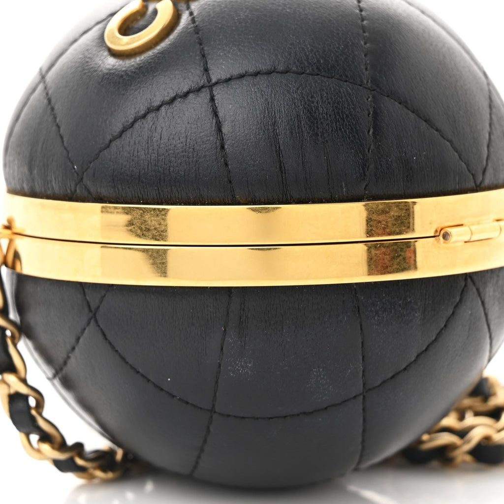 Lambskin Quilted Sphere Minaudiere Chain Clutch Black