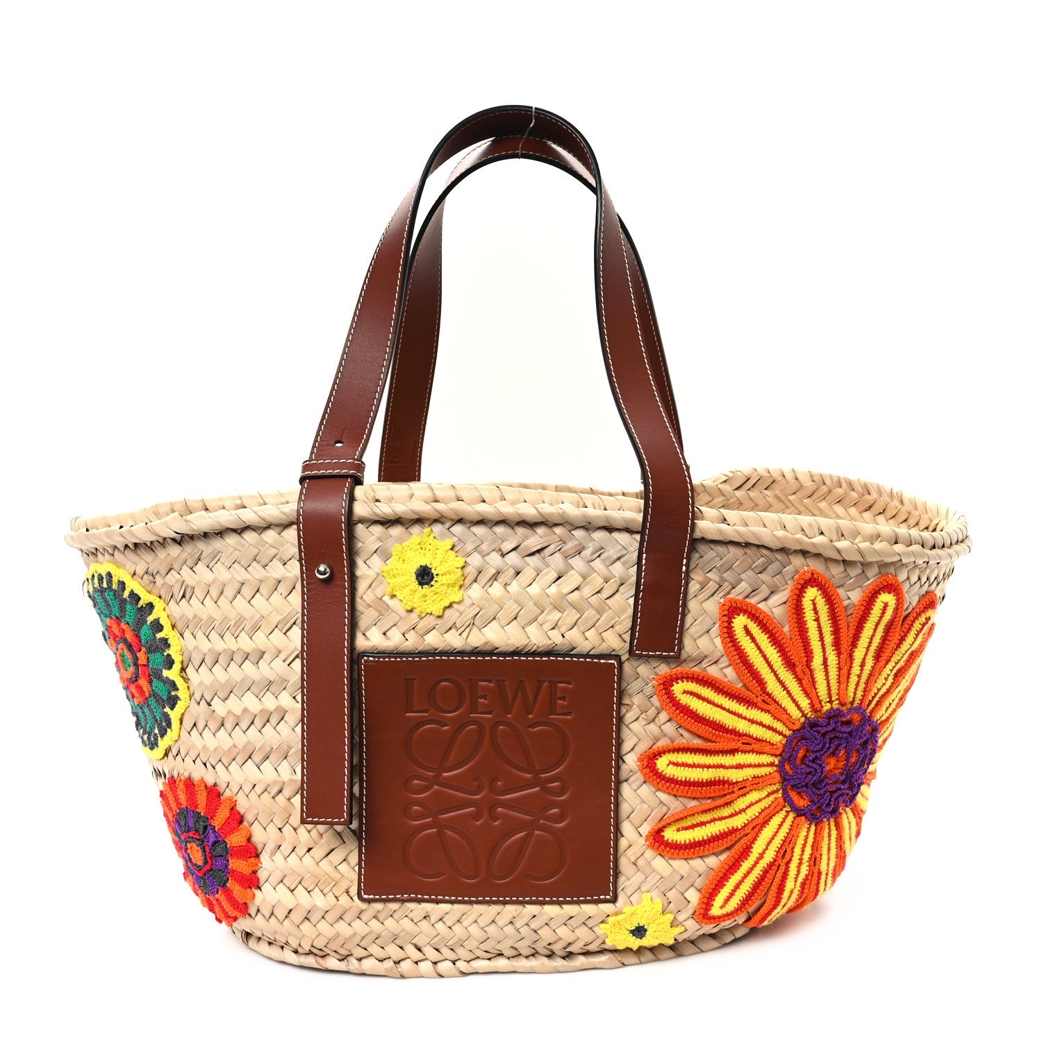 Raffia Floral Embroidered Medium Basket Tote Bag Natural Tan