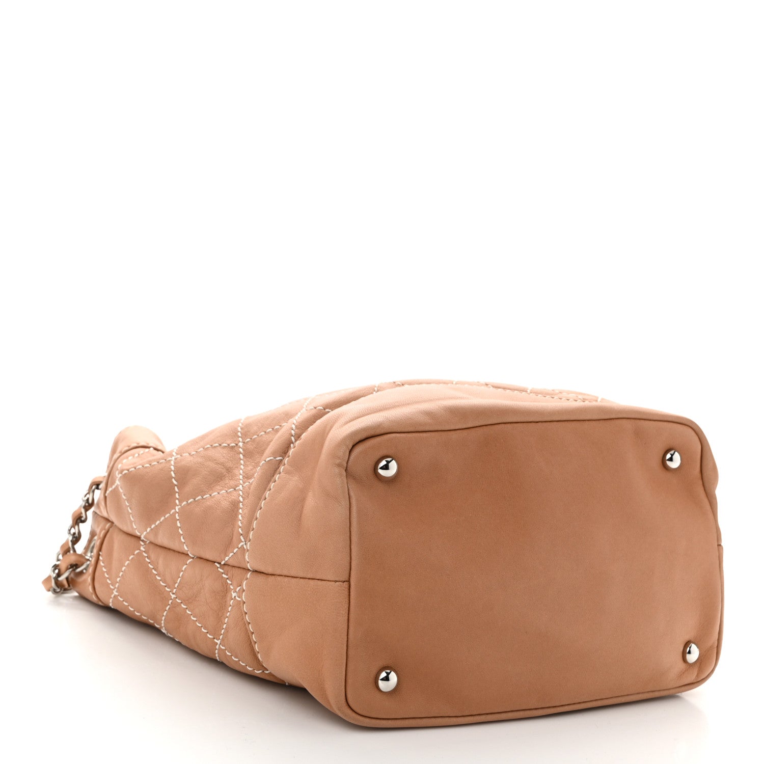 Lambskin Contrast Stitch Small Drawstring Tote Dark Beige