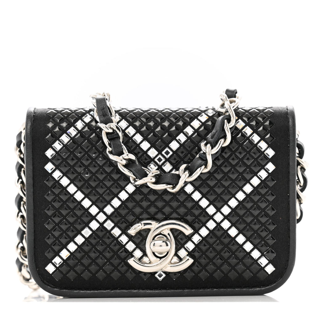 Lambskin Crystal Quilted Mini Chain Belt Bag Black