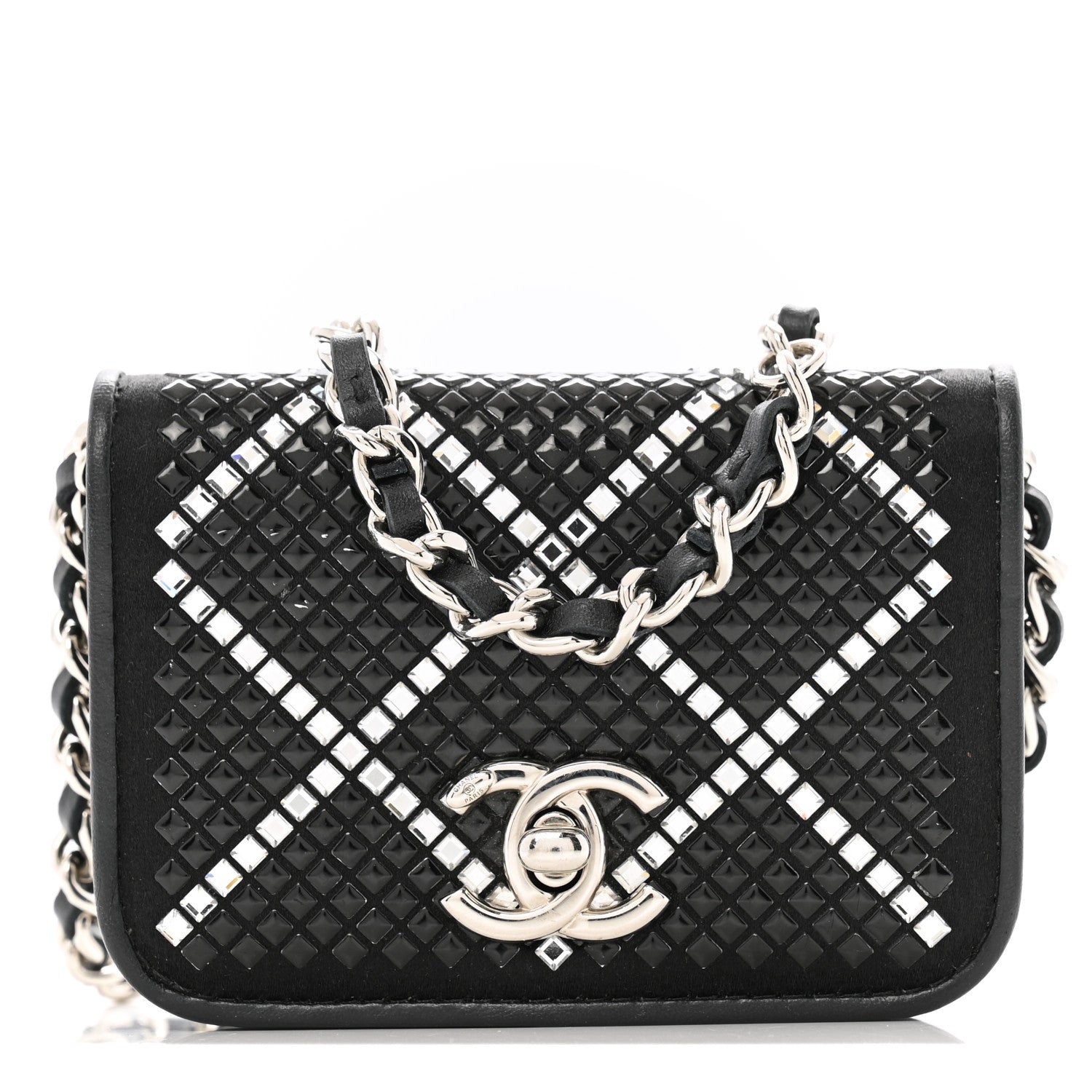 Lambskin Crystal Quilted Mini Chain Belt Bag Black