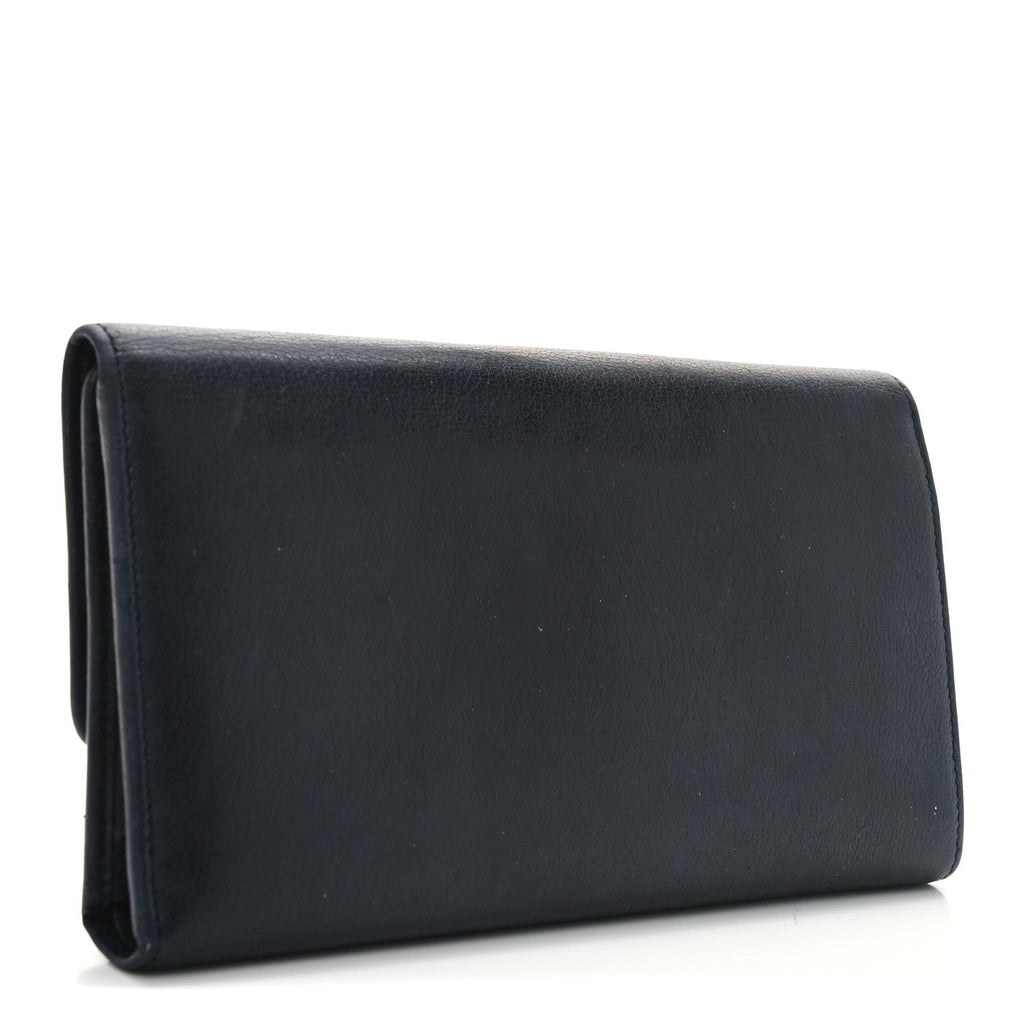 Goatskin Camellia Embossed Flap Wallet Black