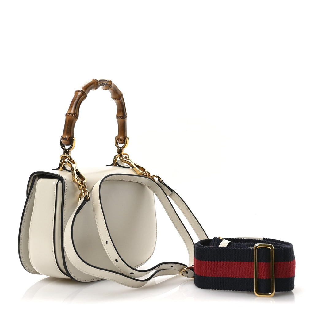Boarded Dyana Lux Calfskin Web Small Bamboo 1947 Top Handle Bag Mystic White