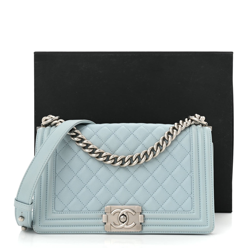 Calfskin Quilted Medium Boy Flap Light Blue