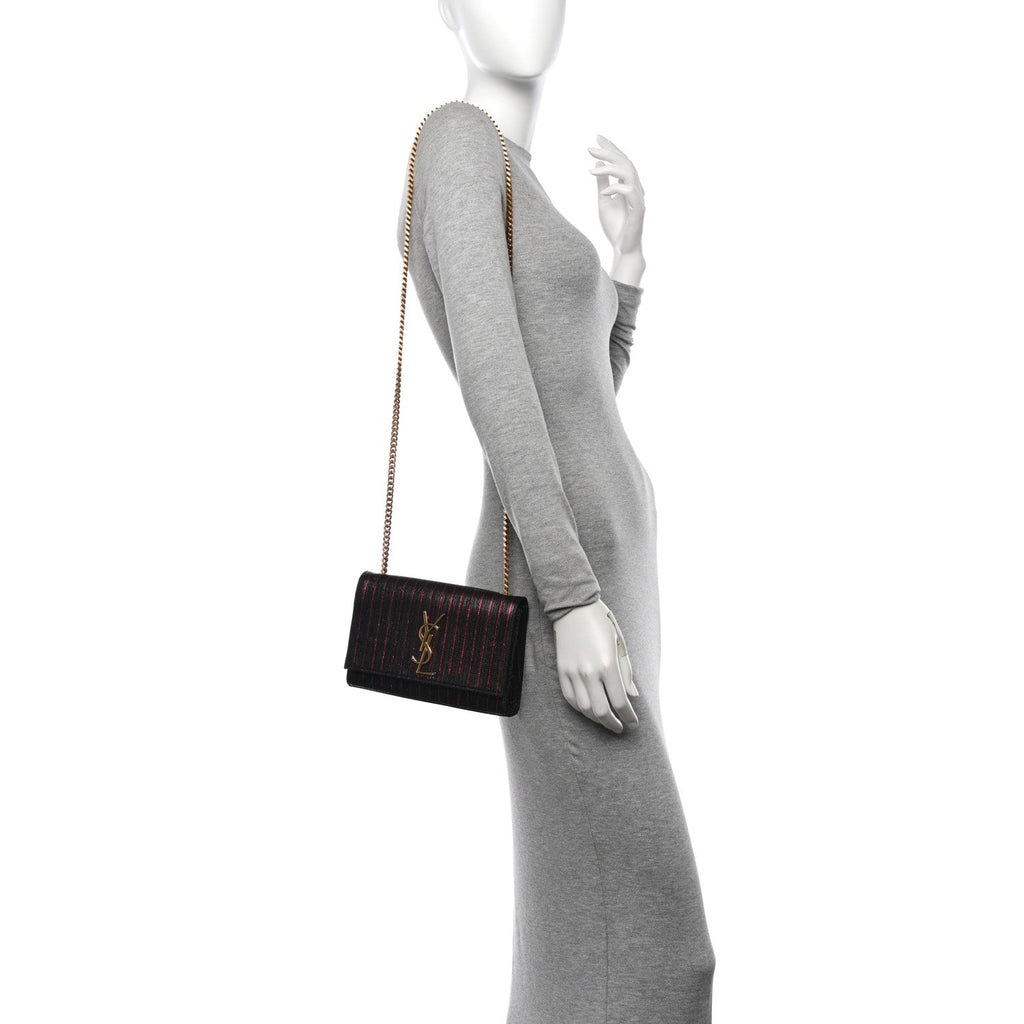 Metallic Calfskin Striped Small Monogram Kate Satchel Black Red