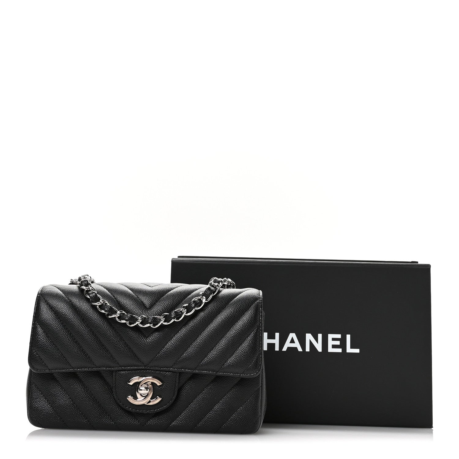 Caviar Chevron Quilted Mini Rectangular Flap Black
