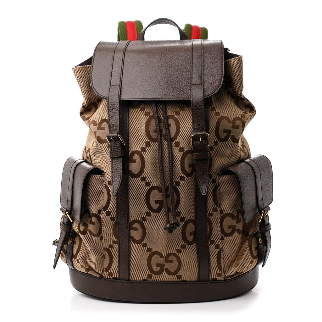 Monogram Jumbo GG Textured Dollar Calfskin Web Double Buckle Backpack Camel Ebony New Acero