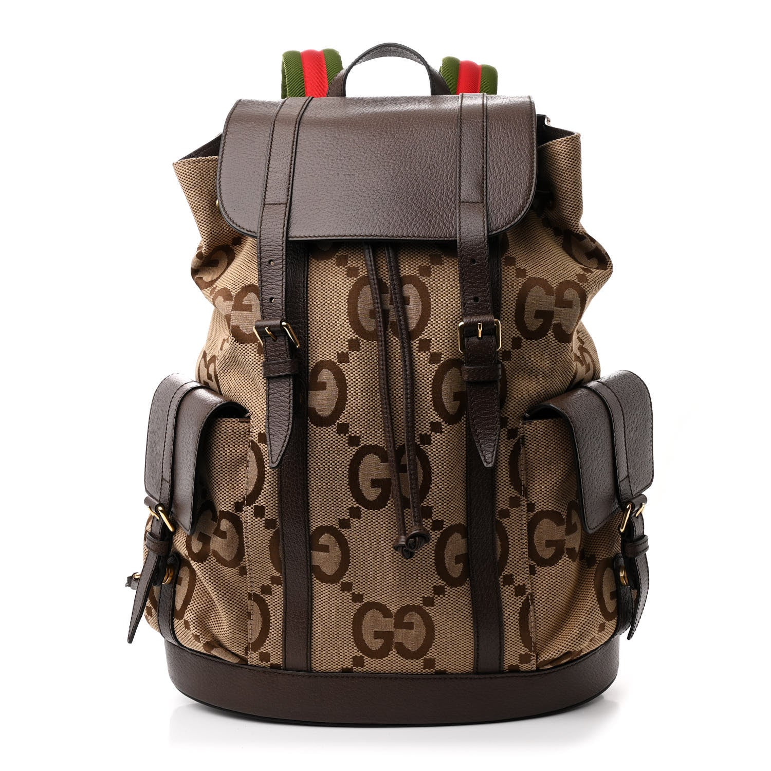 Monogram Jumbo GG Textured Dollar Calfskin Web Double Buckle Backpack Camel Ebony New Acero