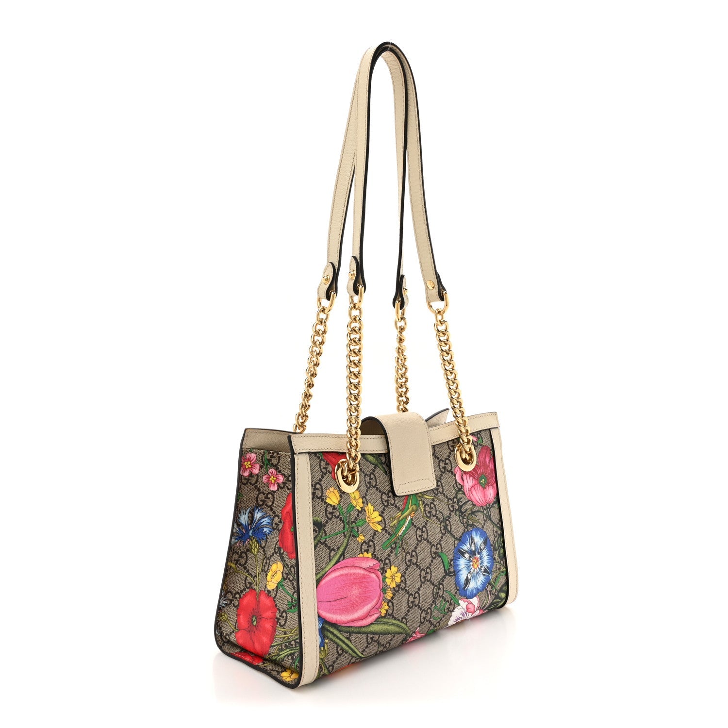 GG Supreme Monogram Flora Textured Calfskin Small Padlock Tote Beige Ebony Multicolor Mystic White