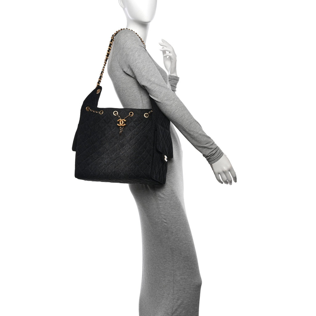 Washed Denim Quilted Medium Chanel 25 Handbag Black