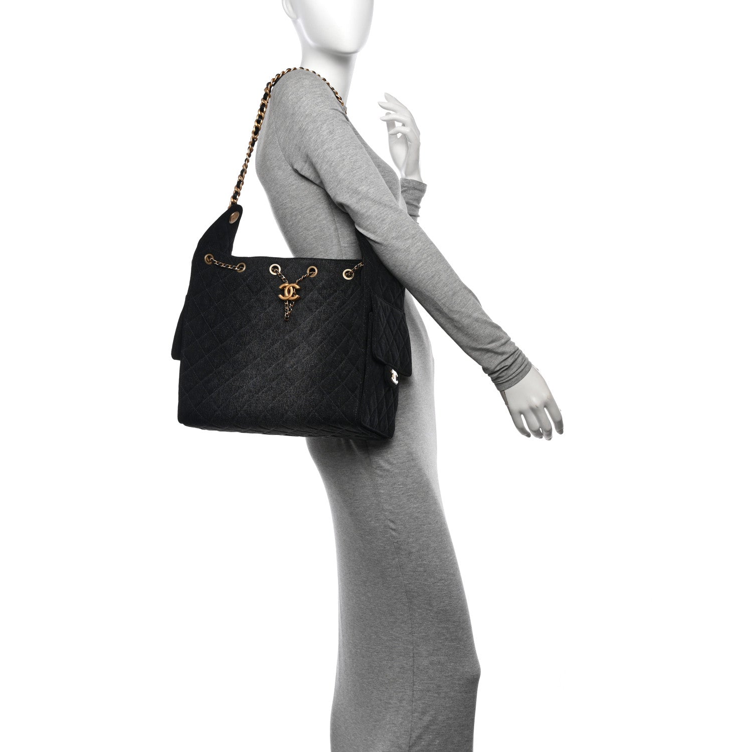 Washed Denim Quilted Medium Chanel 25 Handbag Black