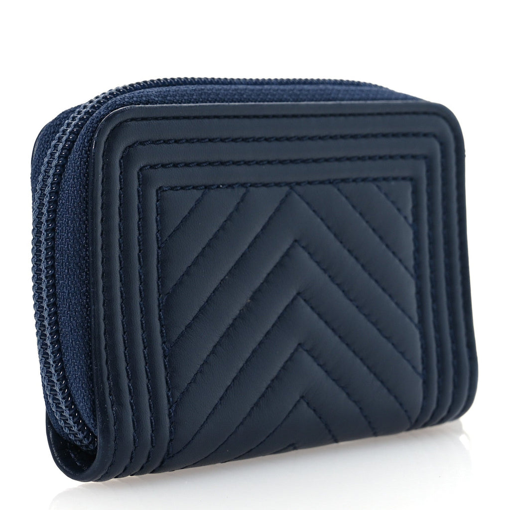 Calfskin Chevron Quilted Zip Around Boy Coin Purse Navy Blue