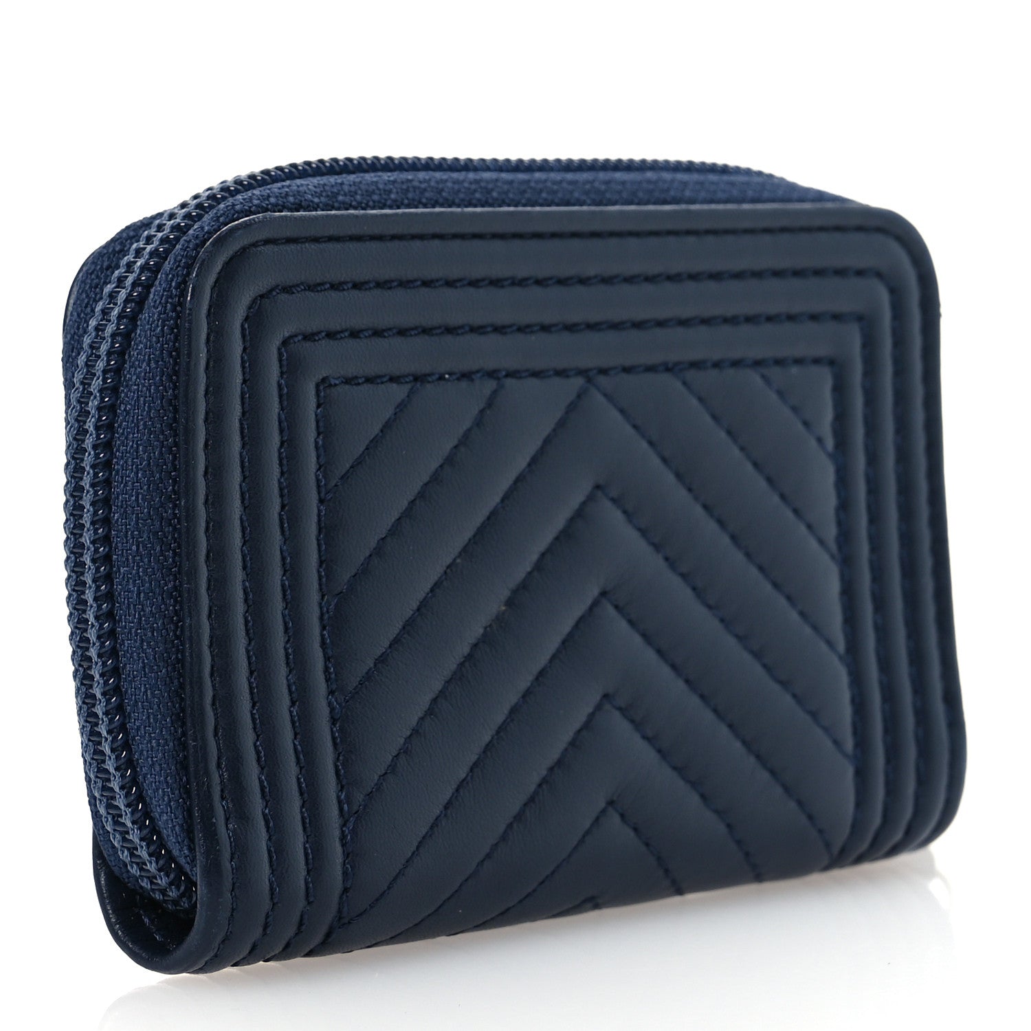 Calfskin Chevron Quilted Zip Around Boy Coin Purse Navy Blue