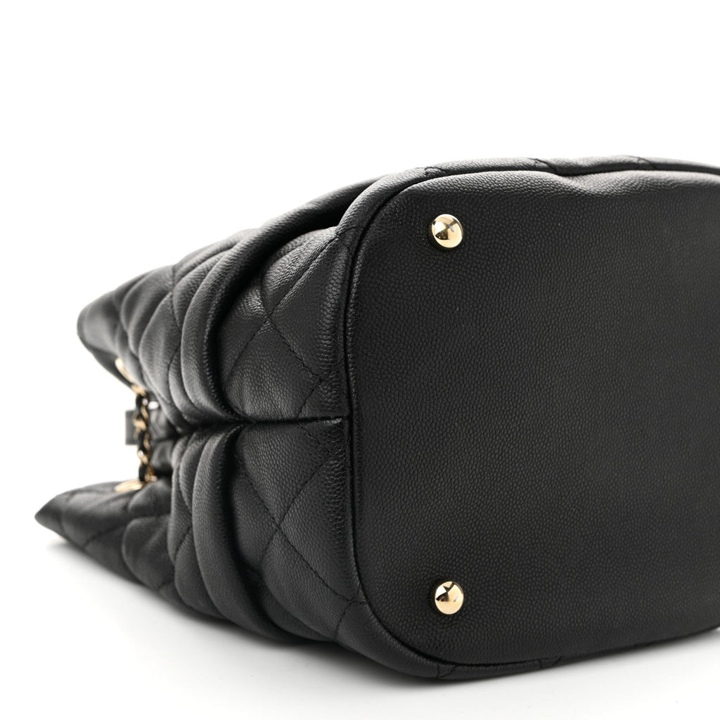 Caviar Quilted Rolled Up Bucket Drawstring Bag Black