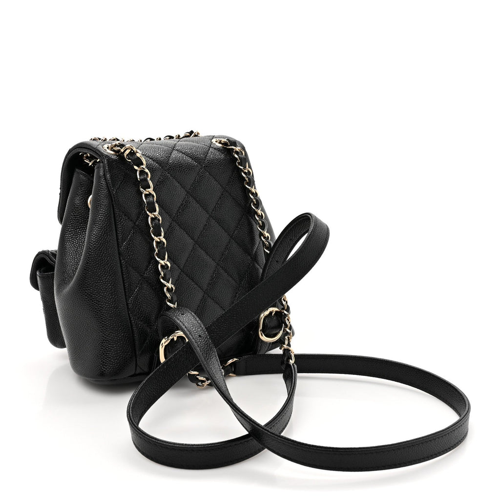 Shiny Caviar Quilted Small Duma Pockets Drawstring Backpack Black