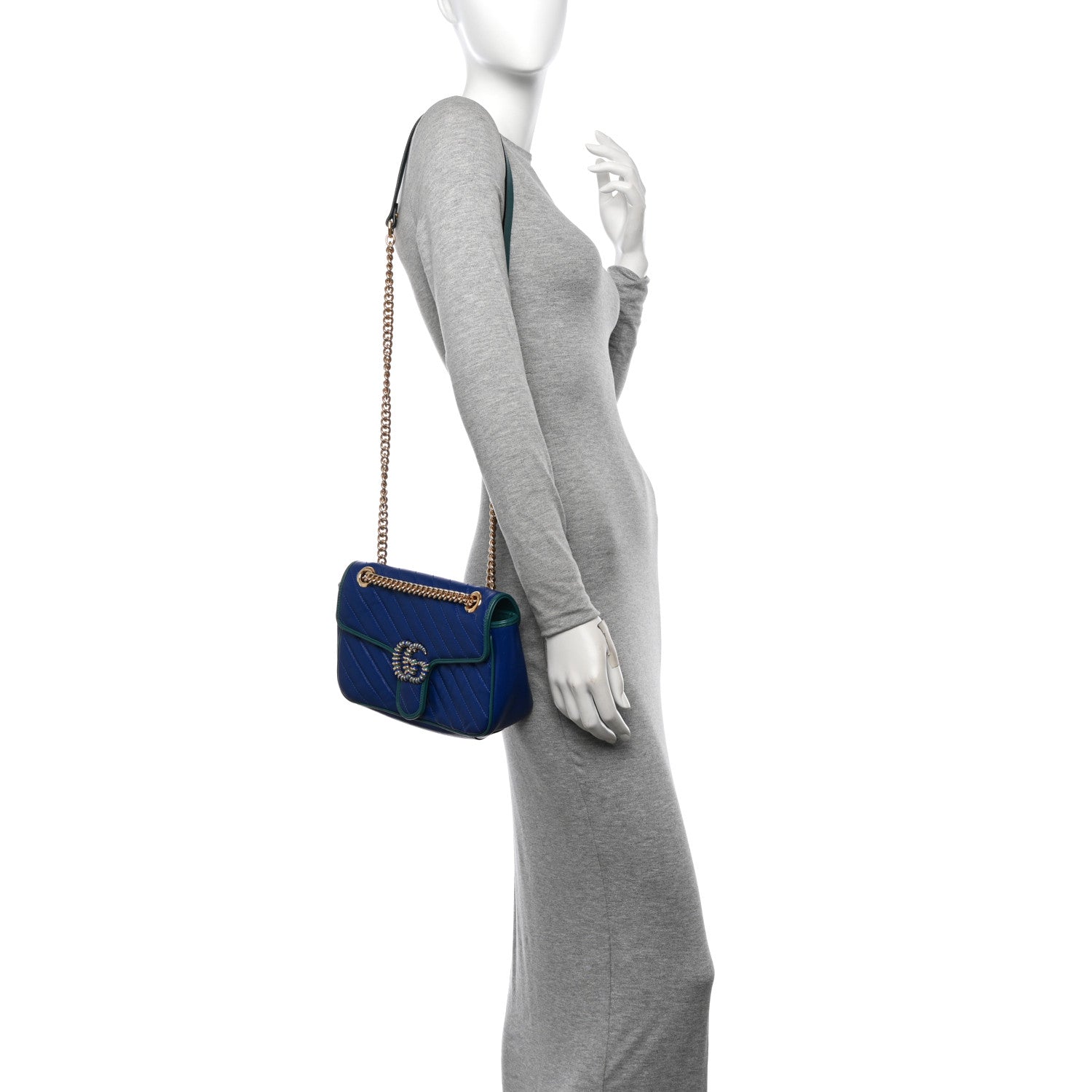 Azalea Calfskin Enamel Matelasse Diagonal Small Torchon GG Marmont Shoulder Bag Imperial Blue Pavone
