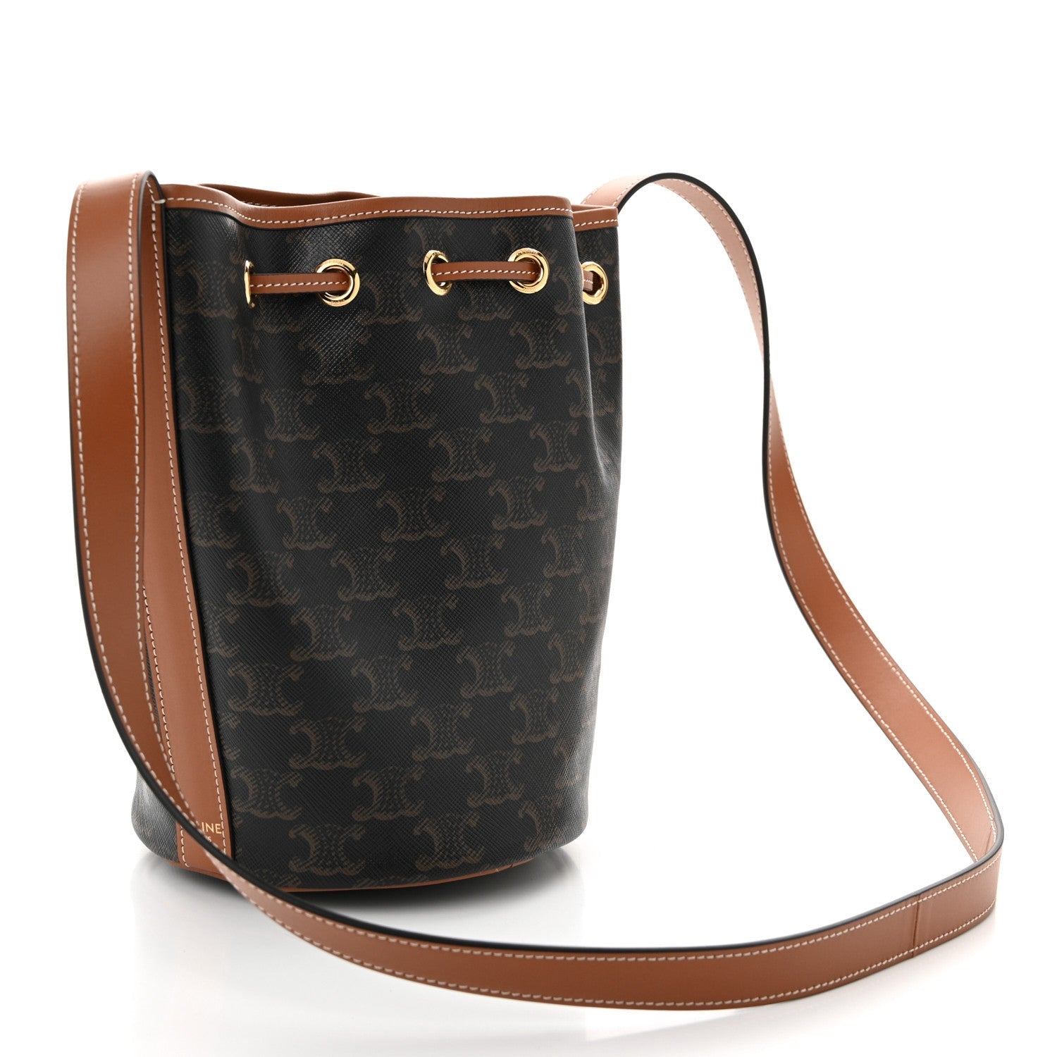 Triomphe Canvas Calfskin Small Drawstring Bucket Bag Tan