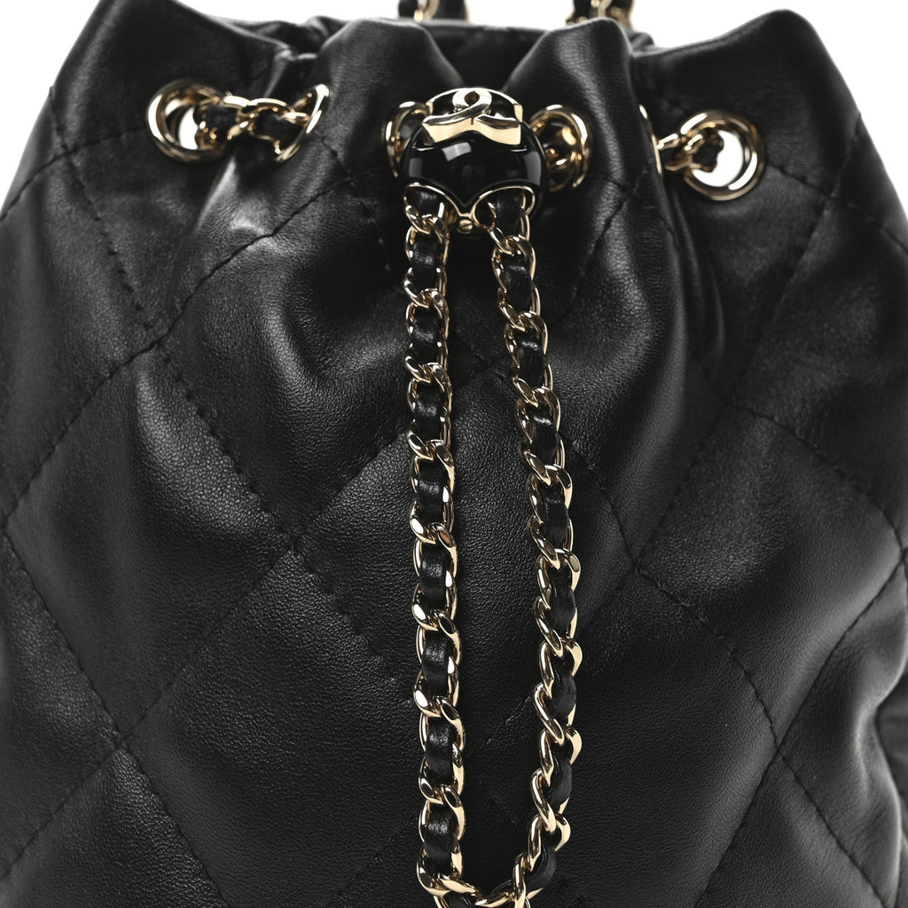Shiny Lambskin Quilted Drawstring Backpack Black