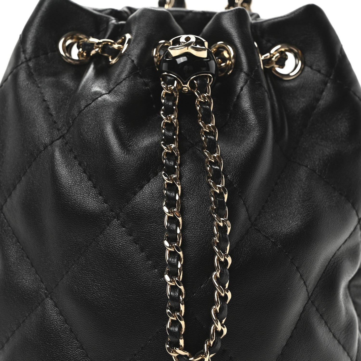 Shiny Lambskin Quilted Drawstring Backpack Black