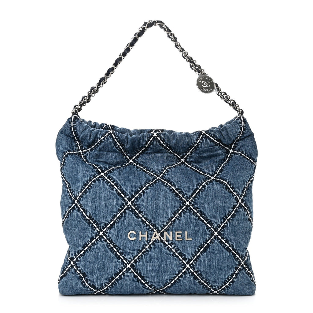 Denim Quilted Stitched Small Chanel 22 Blue