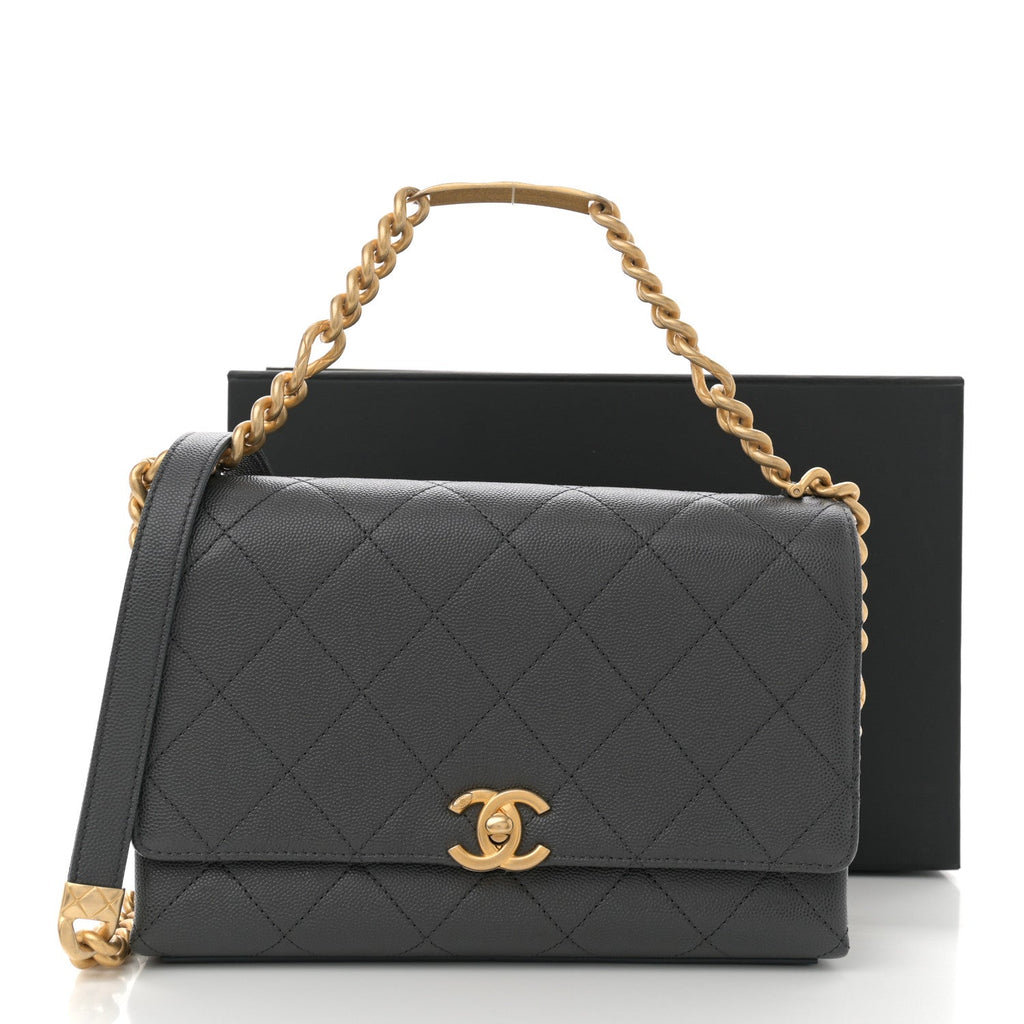 Caviar Quilted Bracelet On Chain Flap Dark Grey
