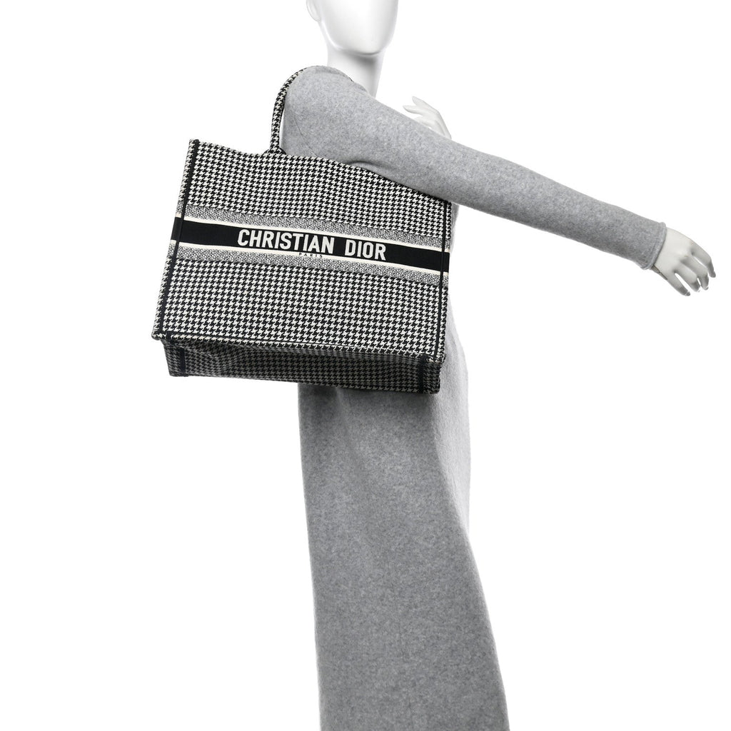 Canvas Houndstooth Embroidered Large Book Tote Black White