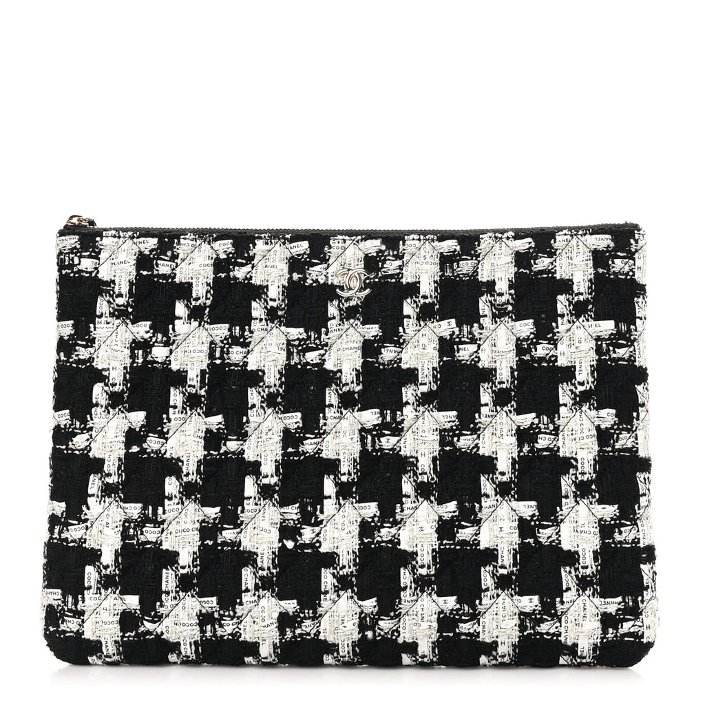 Tweed Quilted Medium Cosmetic Pouch Black Ecru White