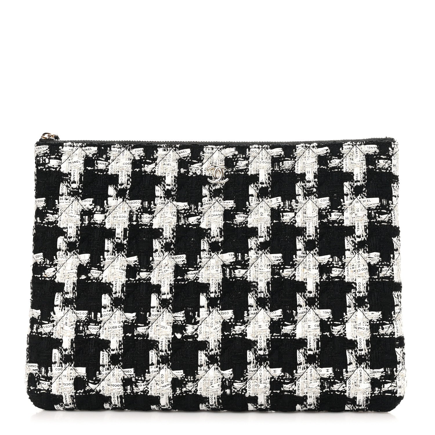 Tweed Quilted Medium Cosmetic Pouch Black Ecru White