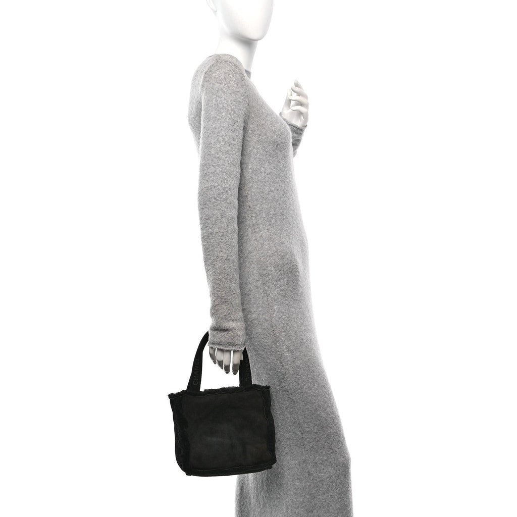 Suede Shearling Fur Handbag Black