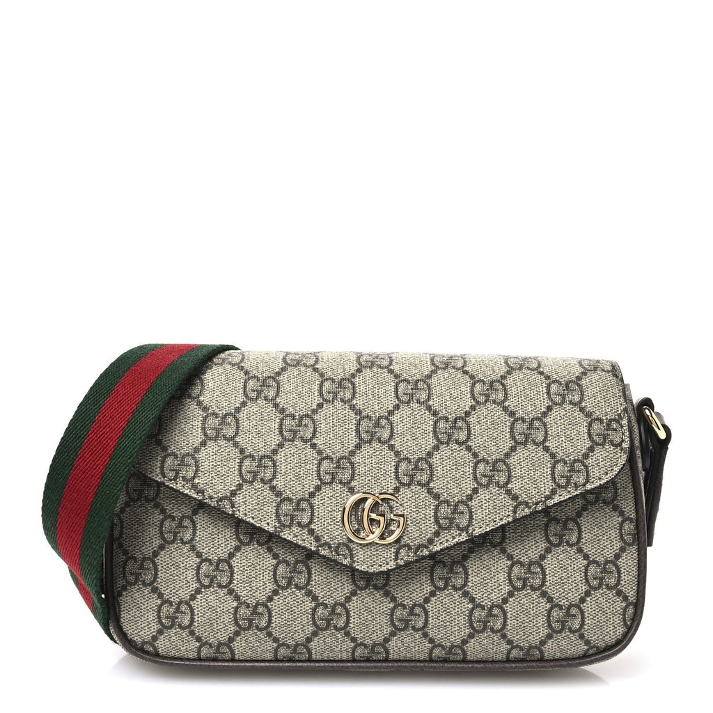 GG Supreme Monogram Textured Dollar Calfskin Web Mini Ophidia Envelope Shoulder Bag Beige Ebony New Acero