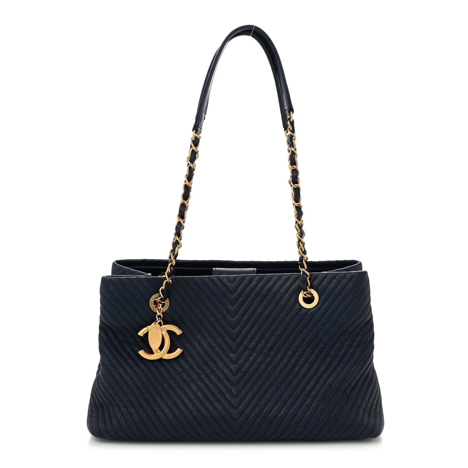 Wrinkled Lambskin Chevron Quilted Surpique Tote Navy Blue