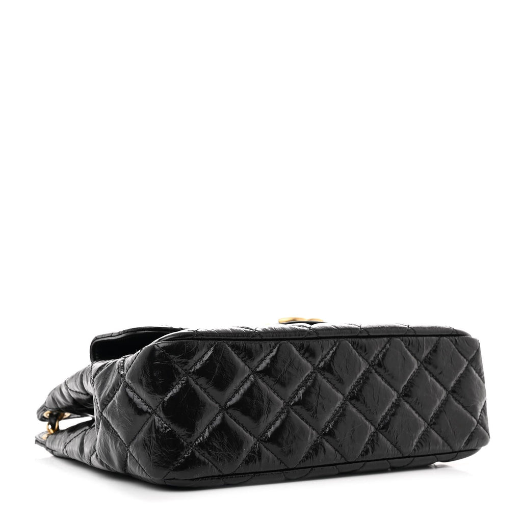 Shiny Crumpled Calfskin Quilted Wavy CC Hobo Black