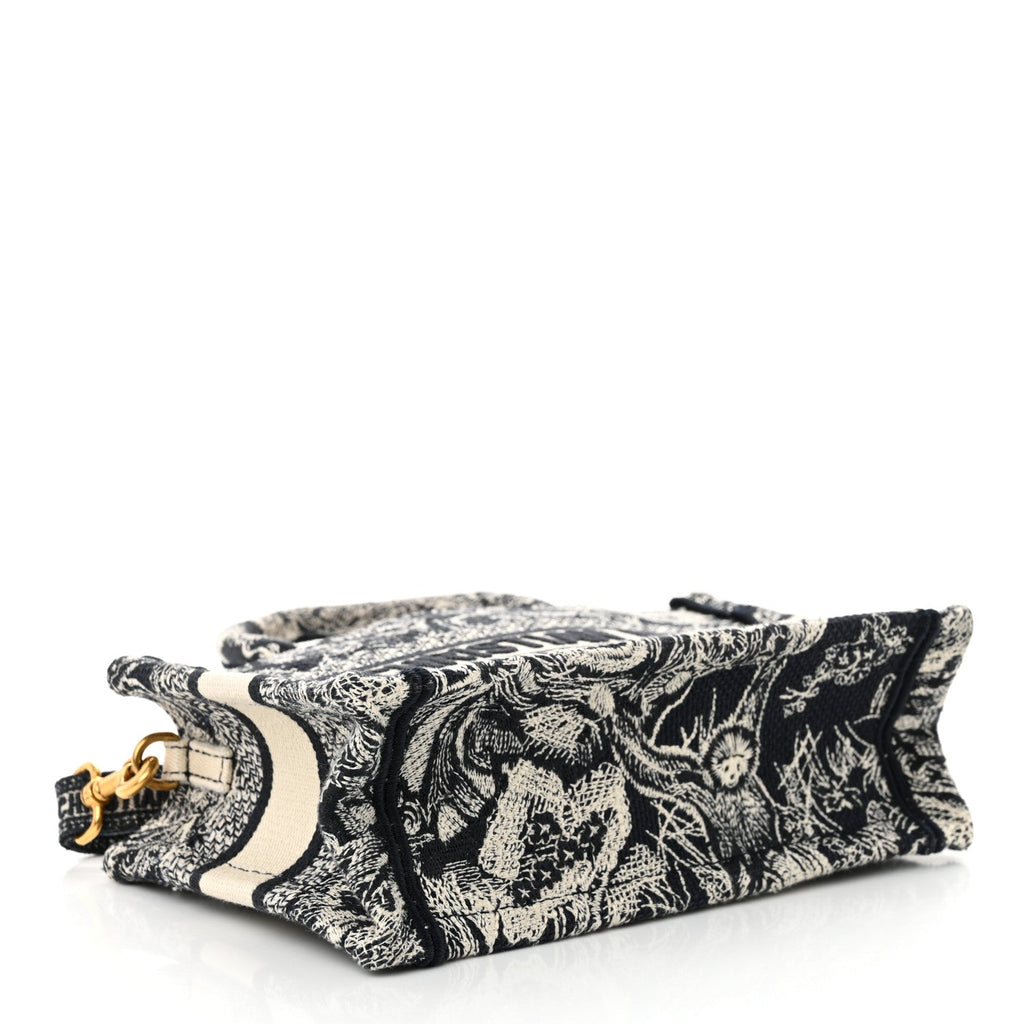 Canvas Embroidered Toile De Jouy Reverse Mini Book Tote With Strap Blue Multicolor